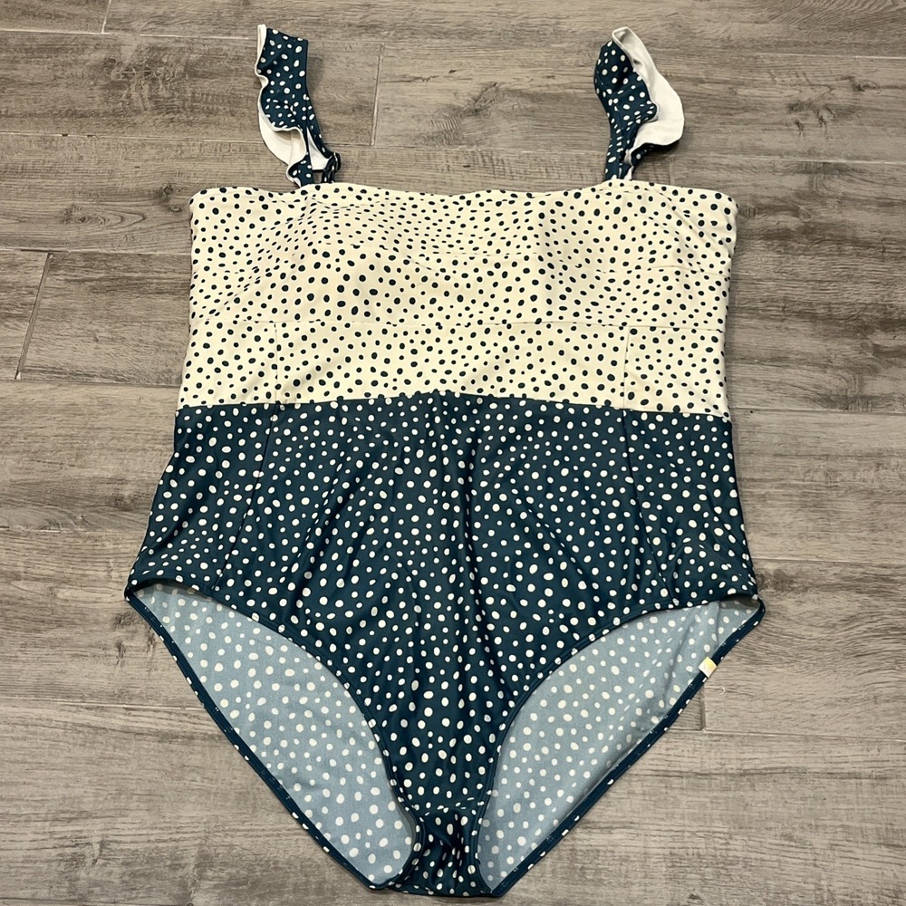 SUMMERSALT The Ruffle Oasis 1 Piece Swim Suit On The Dot Womens Sz 22 Cream Teal
